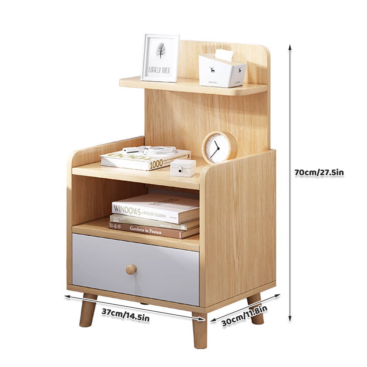 Bedside Cabinet with Drawer and Open Shelf, Light Wood and Grey - view 3