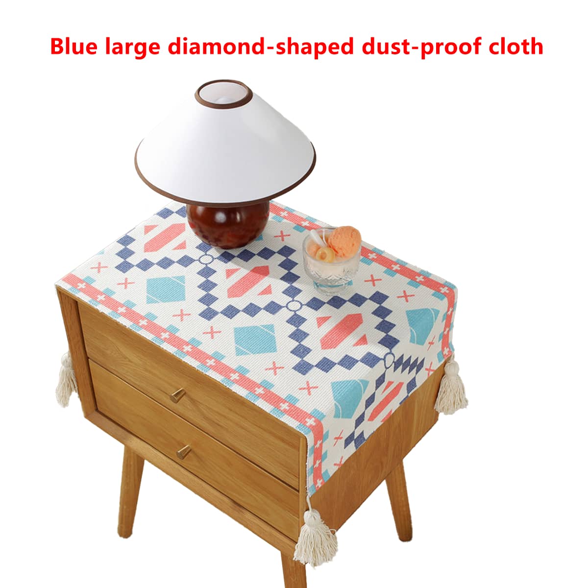 Bedside Table Cover, Blue Diamond Geometric Dustproof Tassel Tablecloth - Blue Diamond