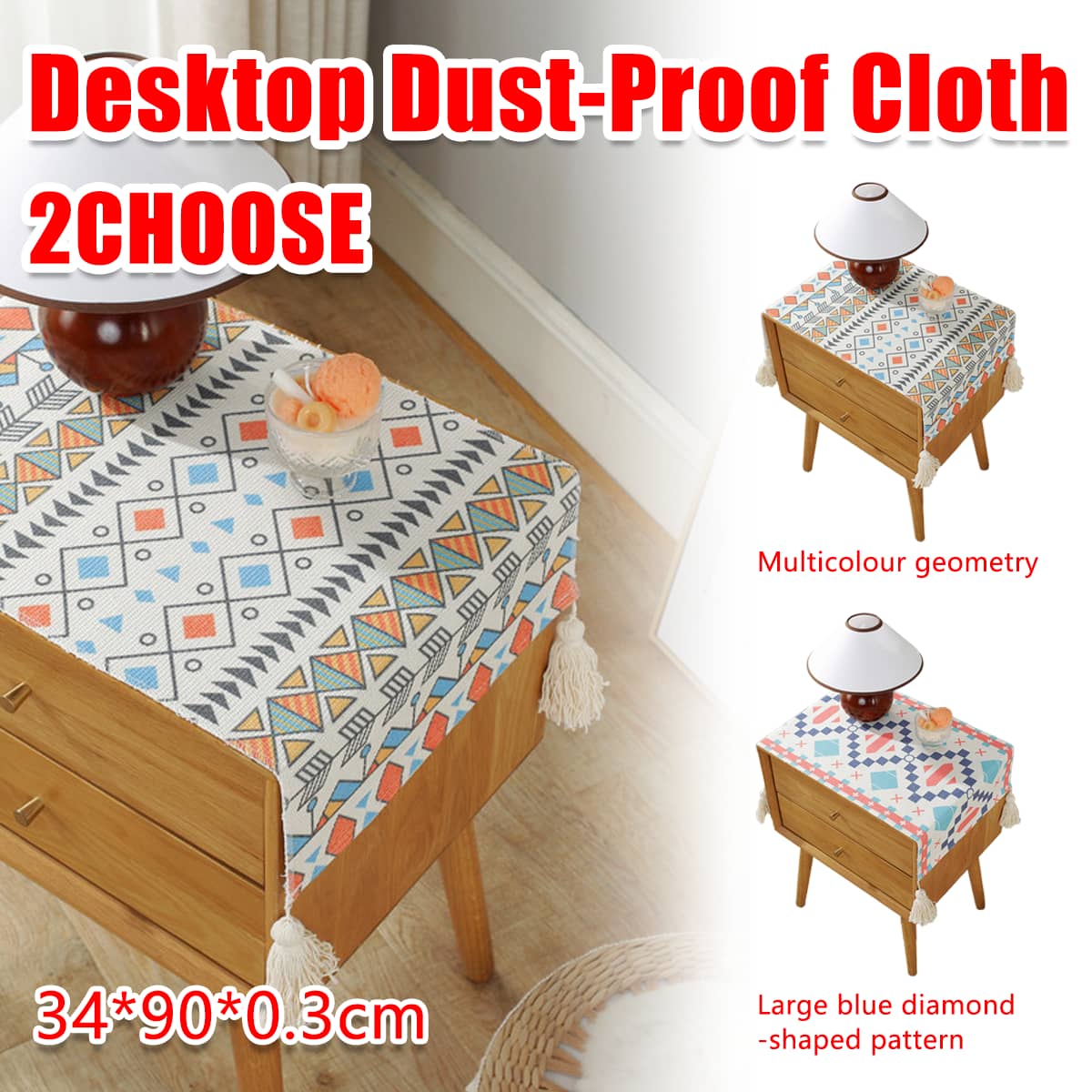 Bedside Table Cover, Blue Diamond Geometric Dustproof Tassel Tablecloth - Blue Diamond - view 2