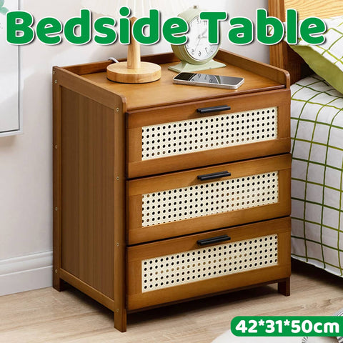 Bedside Table with 3 Drawers and Rattan Accents