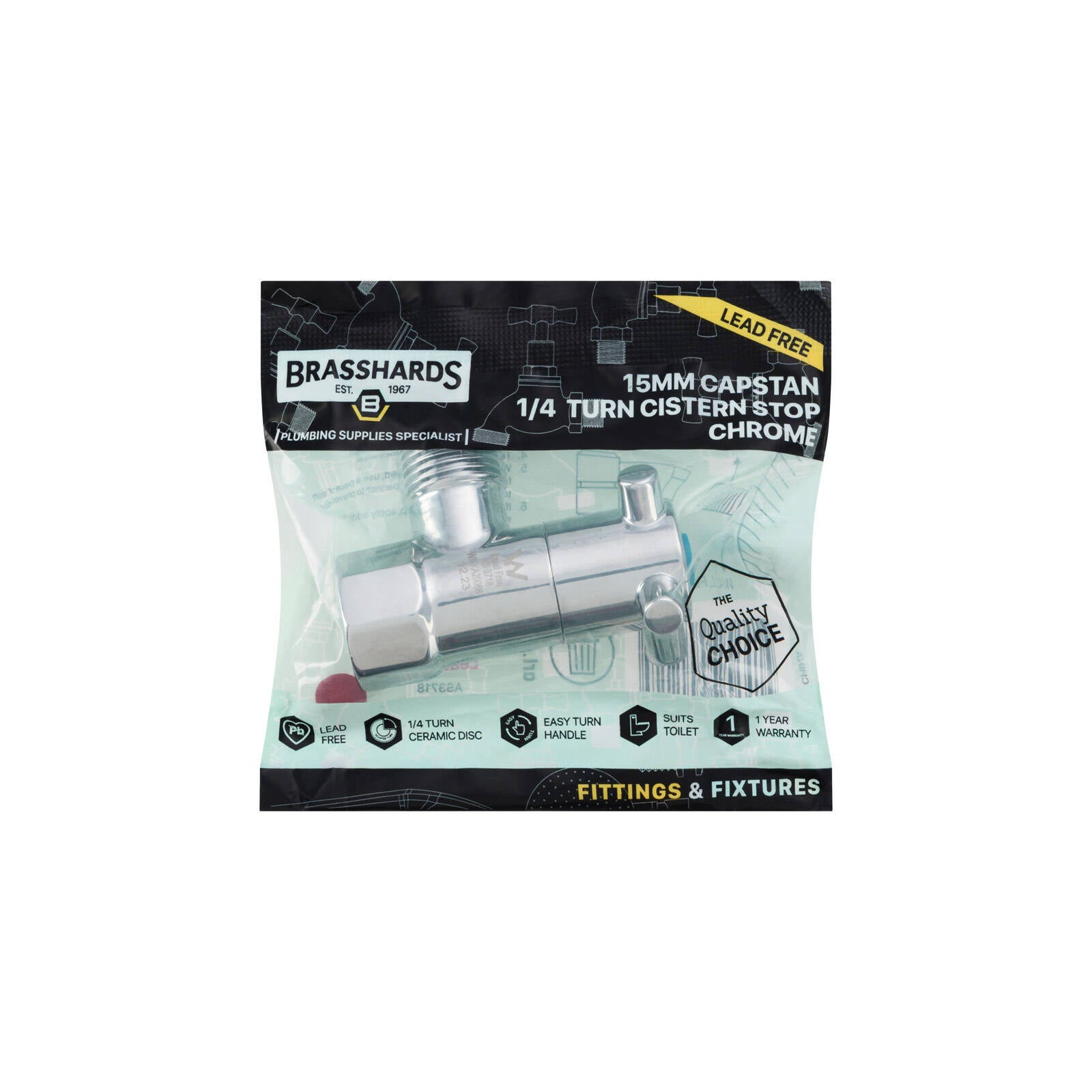 Brasshards Capstan 1/4 Turn Cistern Stop 15mm Chrome Brass Lead Free