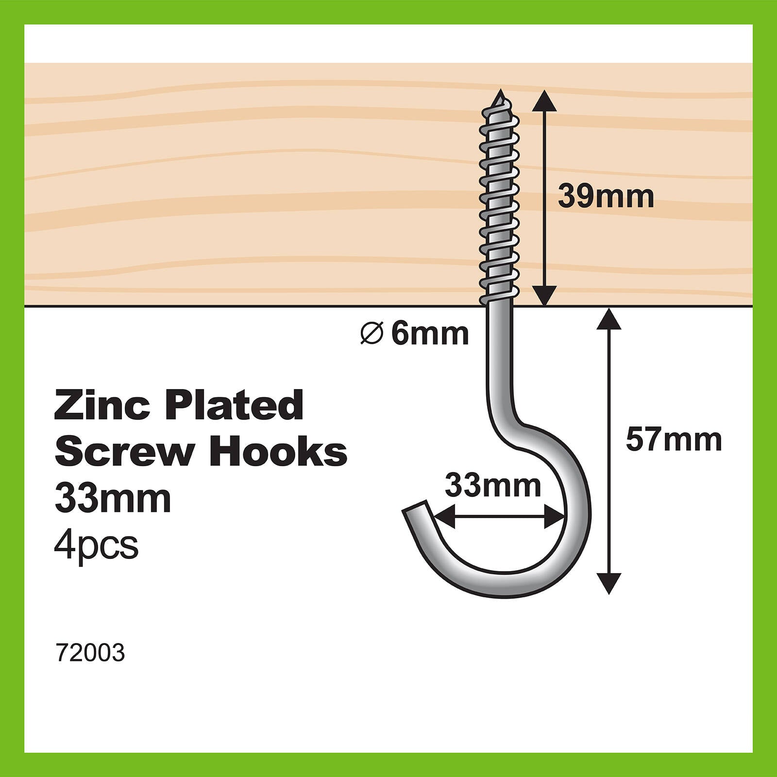 Everhang 5.0 x 32 x 95 x 38mm Zinc Plated Hook Screw - 4 Pack