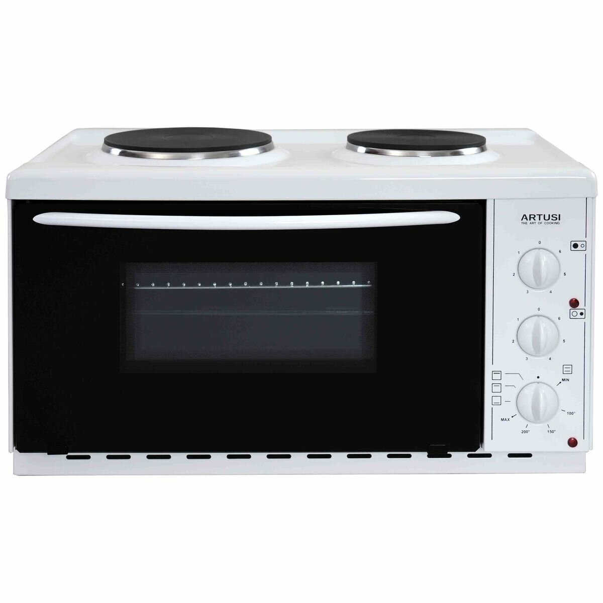 Artusi 22L Vulcan Benchtop Oven with Cooktop - White, Two Solid Hotplates, 1000W Grill - AOMK1