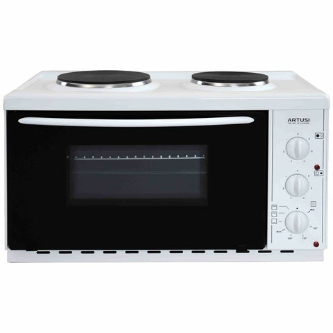 Artusi 22L Vulcan Benchtop Oven with Cooktop - White, Two Solid Hotplates, 1000W Grill - AOMK1