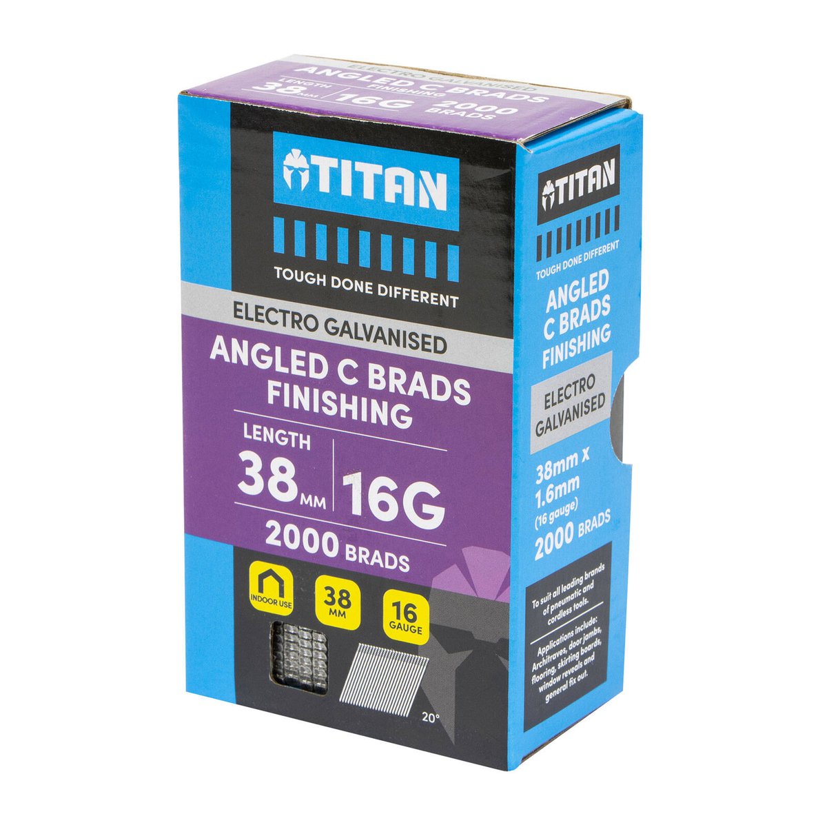 Titan 38mm 16 Gauge Electro Galvanised 20° Angled Collated Nail Brads Pack of 2000 - Chisel Point - Corrosion Resistant - SuperSaverAU - view 3