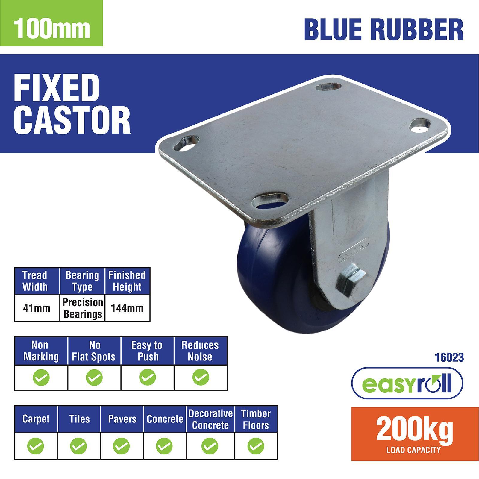 Easyroll 100mm Blue Elastic Rubber Fixed Plate Castor