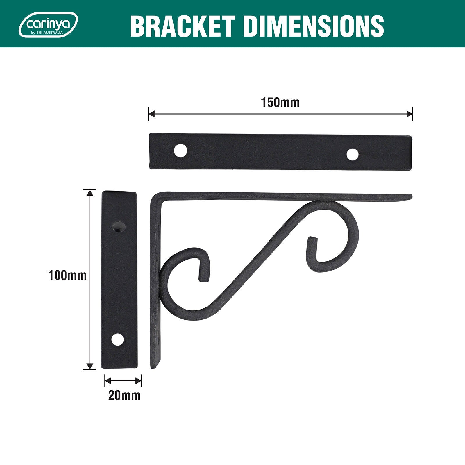 Carinya 150 x 100mm Black Powder Coated Steel Scroll Stayed Bracket 100kg