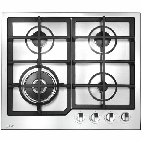 ILVE 60cm Natural Gas Cooktop - Stainless Steel, Wok Burner, Cast Iron Pan Supports, Safety Valve - HCL60CKSS