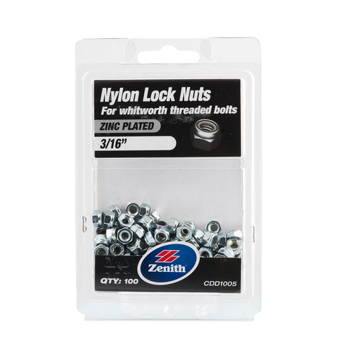 Zenith 3/16" Zinc Plated Nylon Lock Nut - 100 Pack