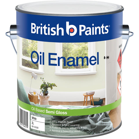 British Paints White Semi Gloss Enamel Paint 2L - Oil Based, Splatter Resistant, Tintable