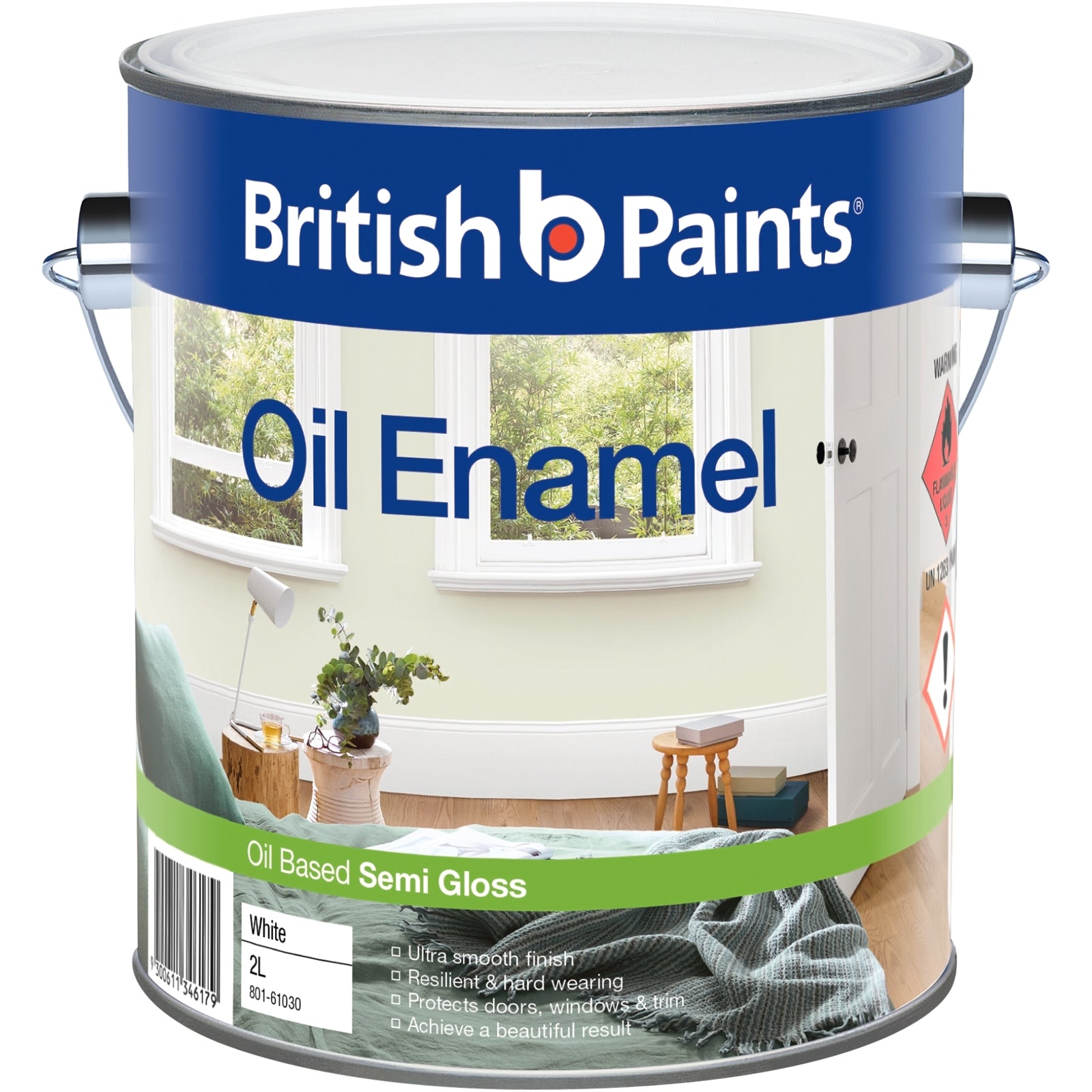 British Paints White Semi Gloss Enamel Paint 2L - Oil Based, Splatter Resistant, Tintable