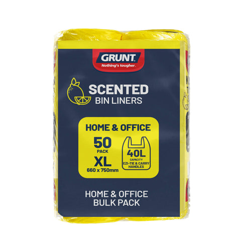 Grunt 40L Lemon Scented Kitchen Tie Top Rubbish Bags Yellow 50 Pack