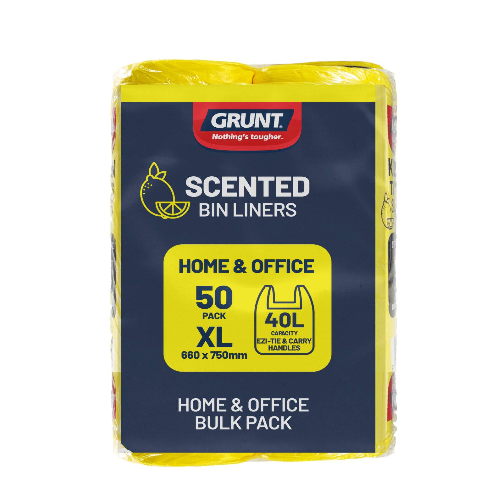 Grunt 40L Lemon Scented Kitchen Tie Top Rubbish Bags Yellow 50 Pack