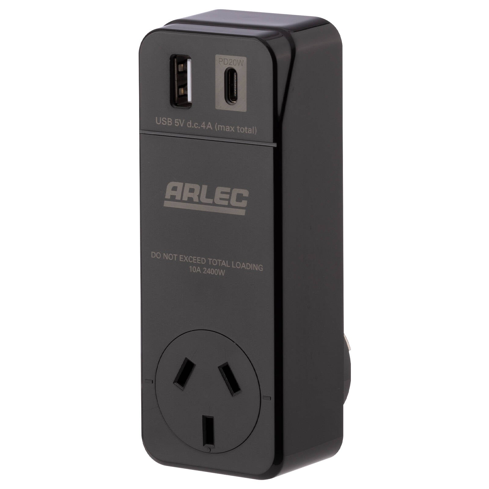 Arlec Power Adaptor with PD20W USB and 180 Degree Rotating Socket Black DA36PD20