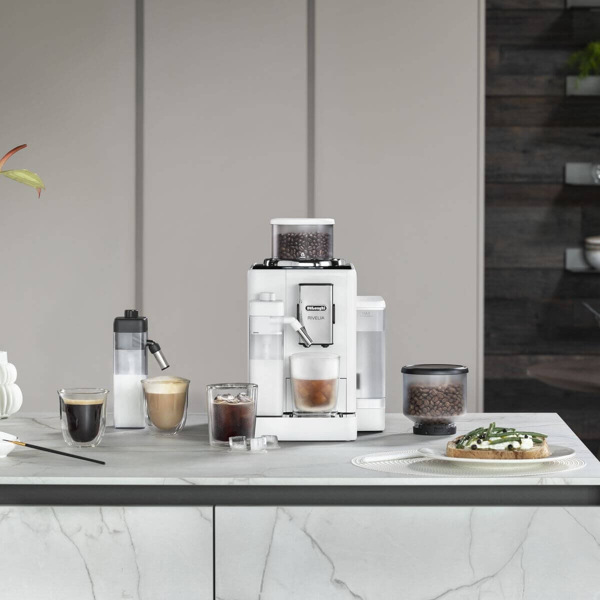 DeLonghi Rivelia fully automatic coffee machine - arctic white, 22 recipes, cool carafe - EXAM44057W