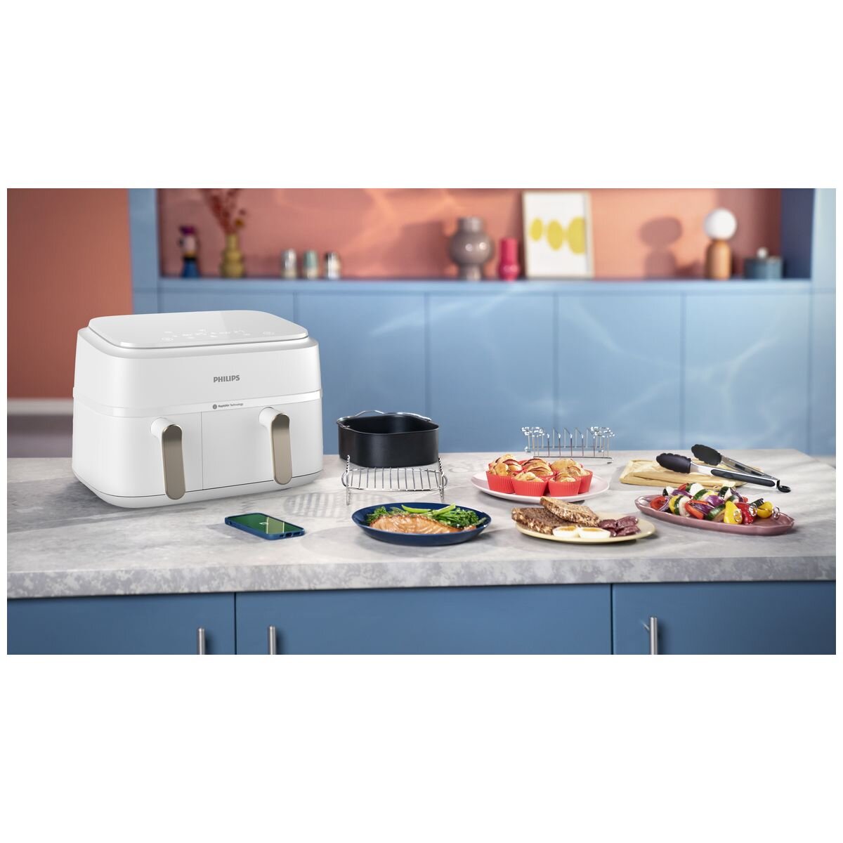 Philips 3000 Series 9L Dual Basket Airfryer XXL - Sync and Copy Functions, White - NA353-10