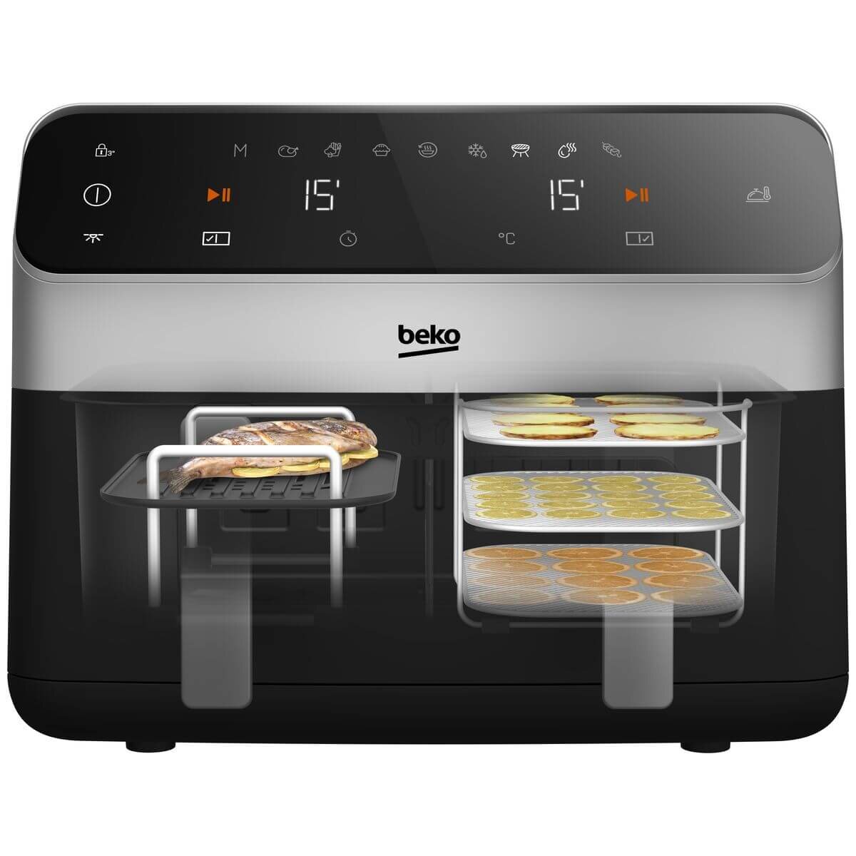 Beko 9.5L Dual Air Fryer - Black - Match Cook, 9 Auto Programs, Viewing Window - FRL6488