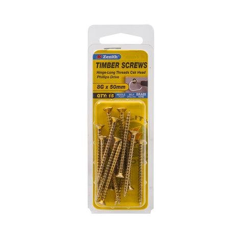 Zenith 8G x 50mm Brass Plated Countersunk Hinge Timber Screws - 15 Pack