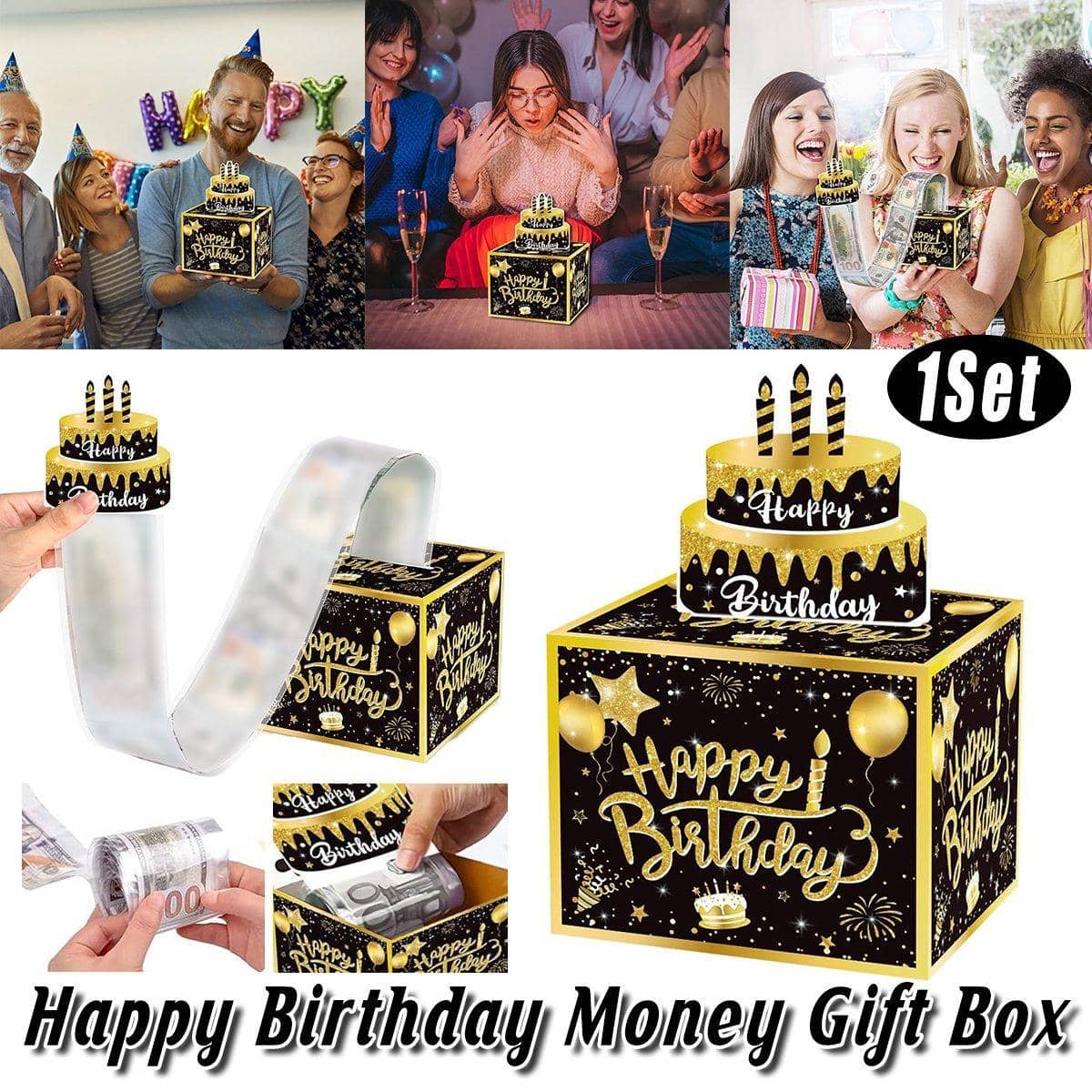 Birthday Money Box, Black and Gold, with 30 Clear Bags