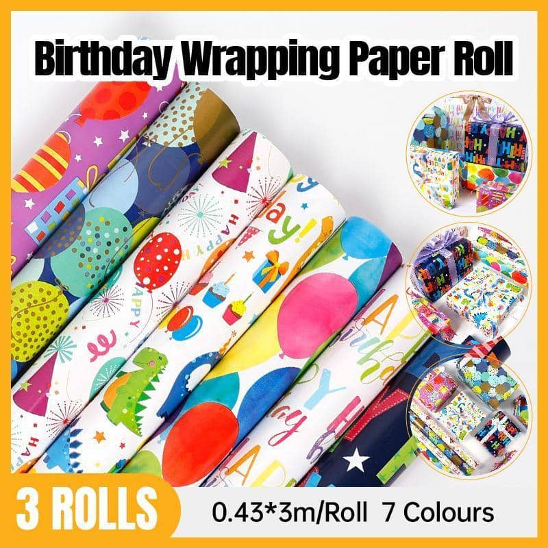 Birthday Wrapping Paper, 3 Rolls - Party Hats and Balloons - view 2
