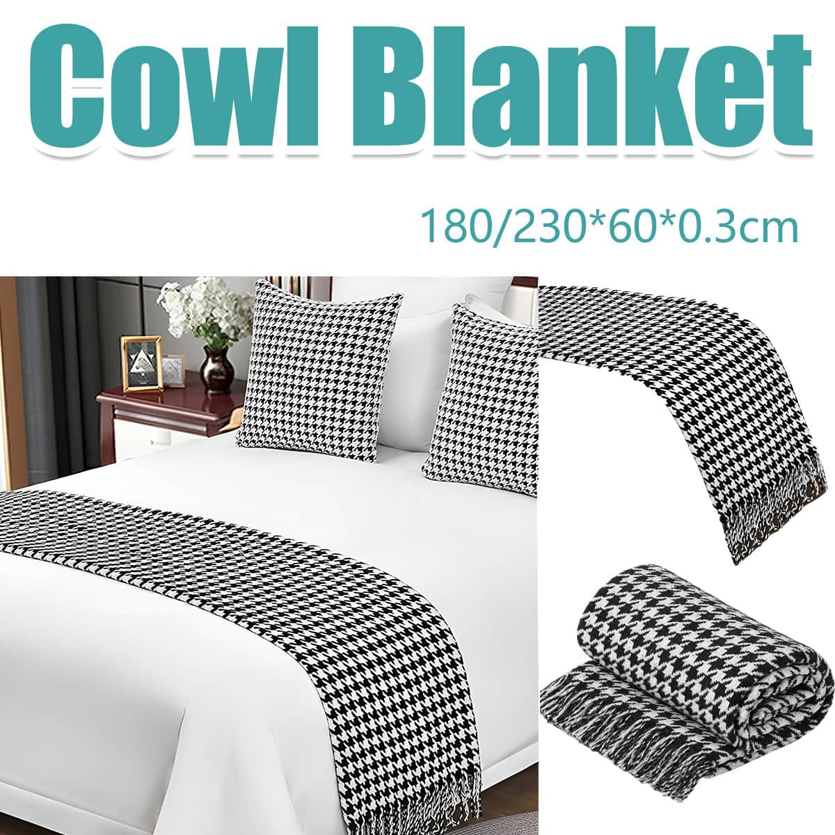 Black and White Houndstooth Bed Runner Throw - 60 x 180 cm - view 2