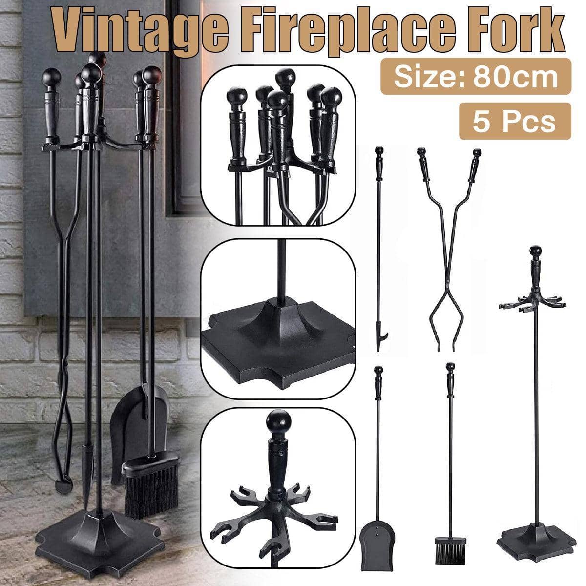 Black Iron Fireplace Tool Set, Set of 5 with Poker, Brush, Shovel, Tongs and Stand
