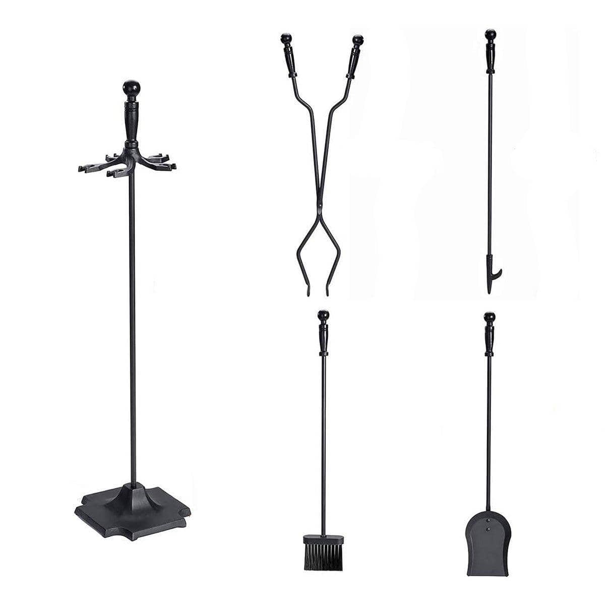 Black Iron Fireplace Tool Set, Set of 5 with Poker, Brush, Shovel, Tongs and Stand - view 2