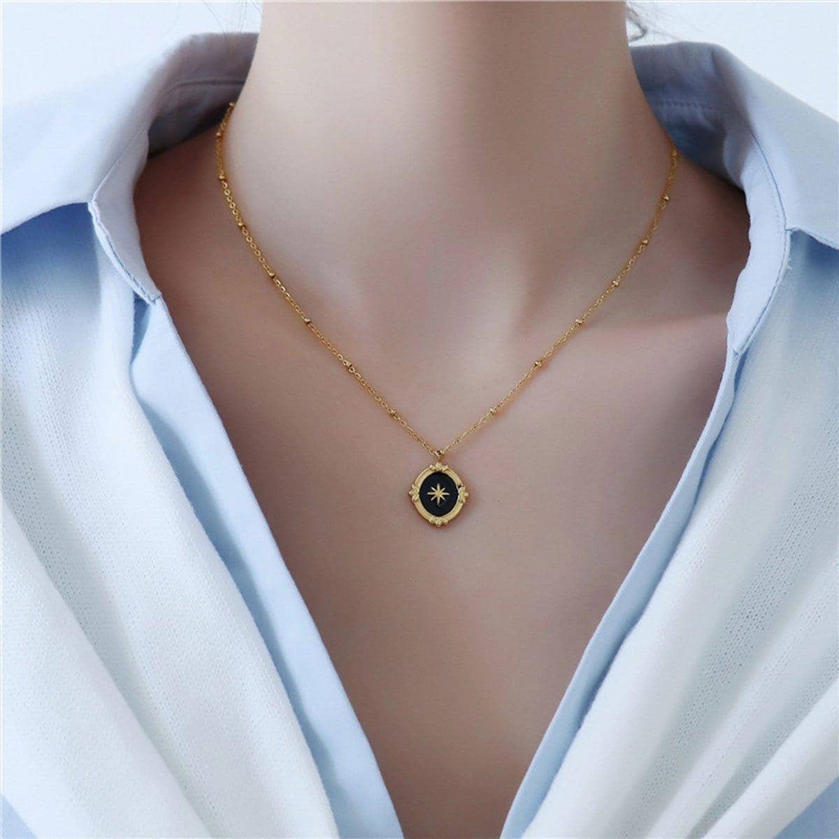 Black Oval Star Pendant Necklace with Gold Frame, Fashion Jewellery - view 5