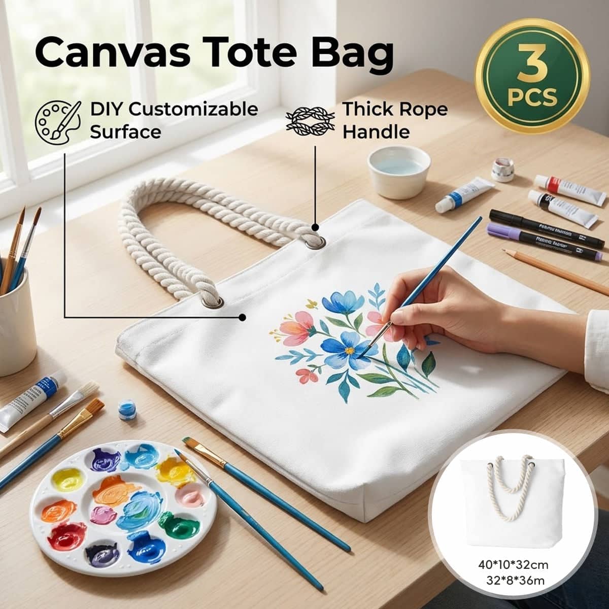 Blank Canvas Tote Bags with Rope Handles, Pack of 3 - 32 x 8 x 36 cm - view 2
