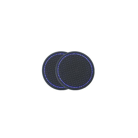 Bling Rhinestone Car Cup Holder Coasters, Anti-Slip, Pack of 2 - Black with Blue Rhinestone Rim