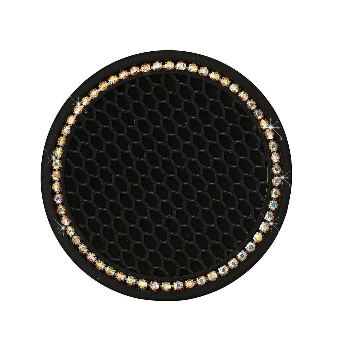 Bling Rhinestone Car Cup Holder Coasters, Anti-Slip, Pack of 2 - Black with Champagne Rhinestone Rim
