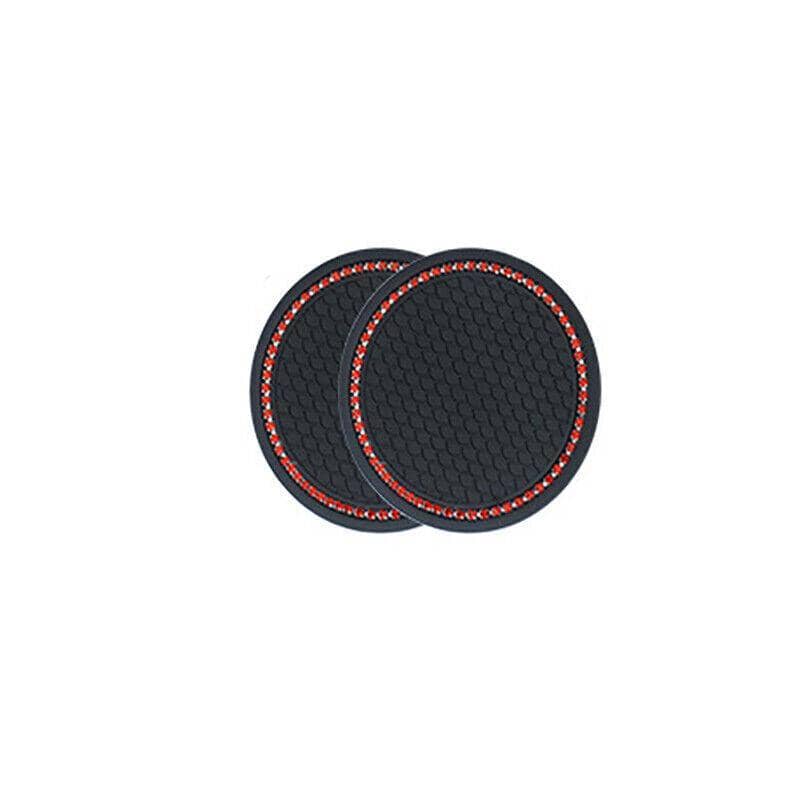 Bling Rhinestone Car Cup Holder Coasters, Anti-Slip, Pack of 2 - Black with Red Rhinestone Rim