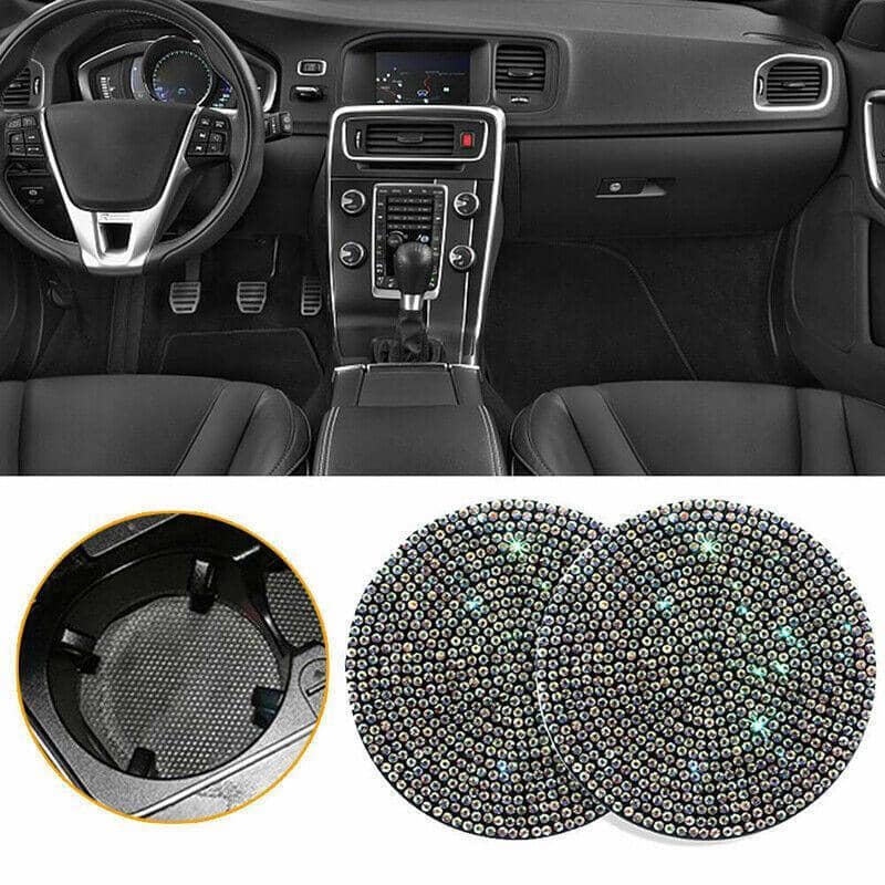 Bling Rhinestone Car Cup Holder Coasters, Anti-Slip, Pack of 2 - Black with White Rhinestone Rim - view 4