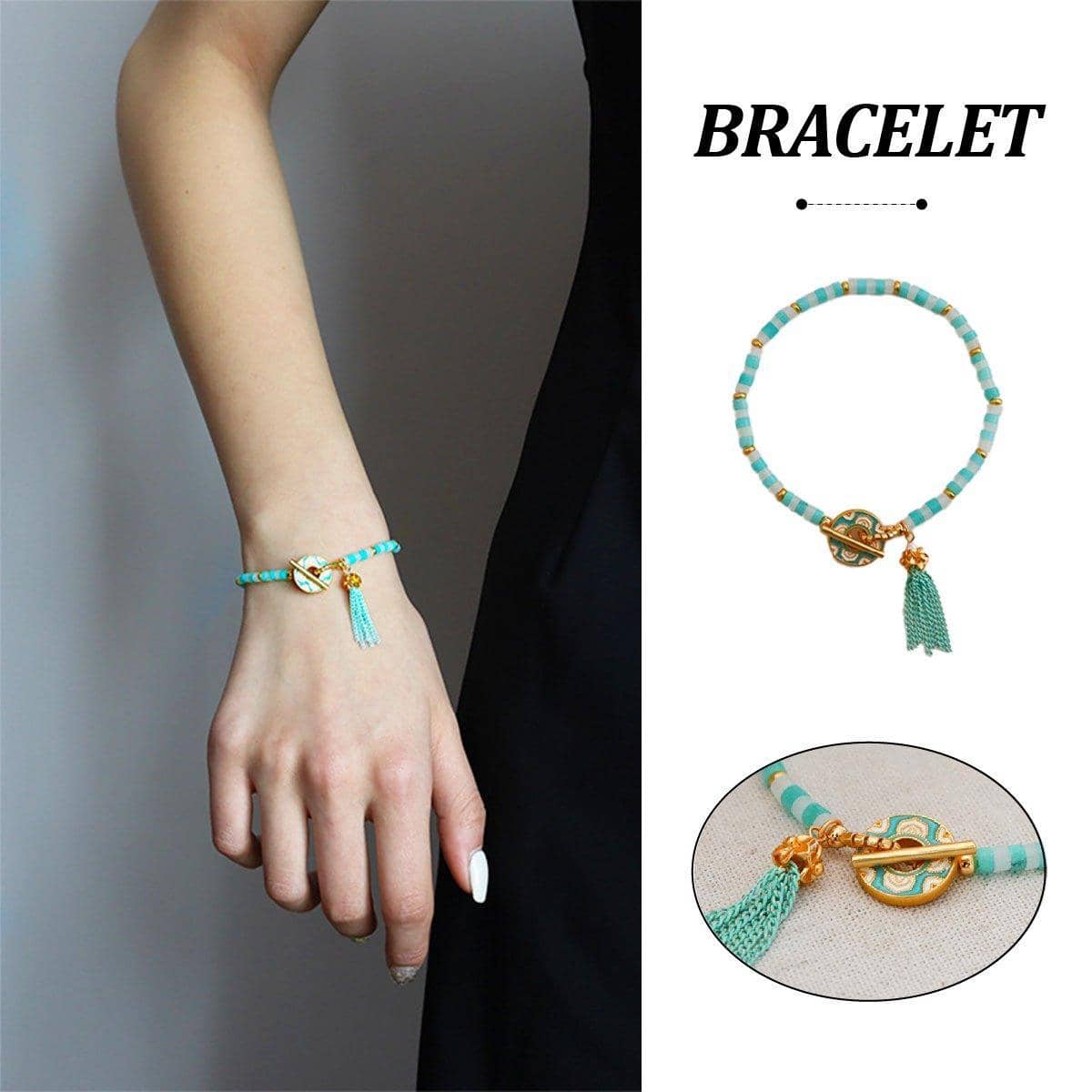 Blue Beaded Fringe Bracelet with Gold-Tone Clasp