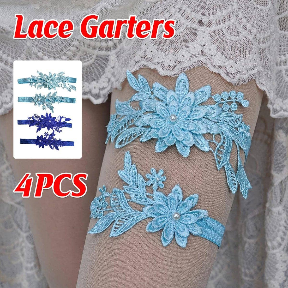 Blue Lace Garter Set, Pack of 4 - Light and Dark Blue