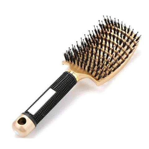 Boar Bristle Detangling Hairbrush, Vented Nylon Pin Brush - Gold