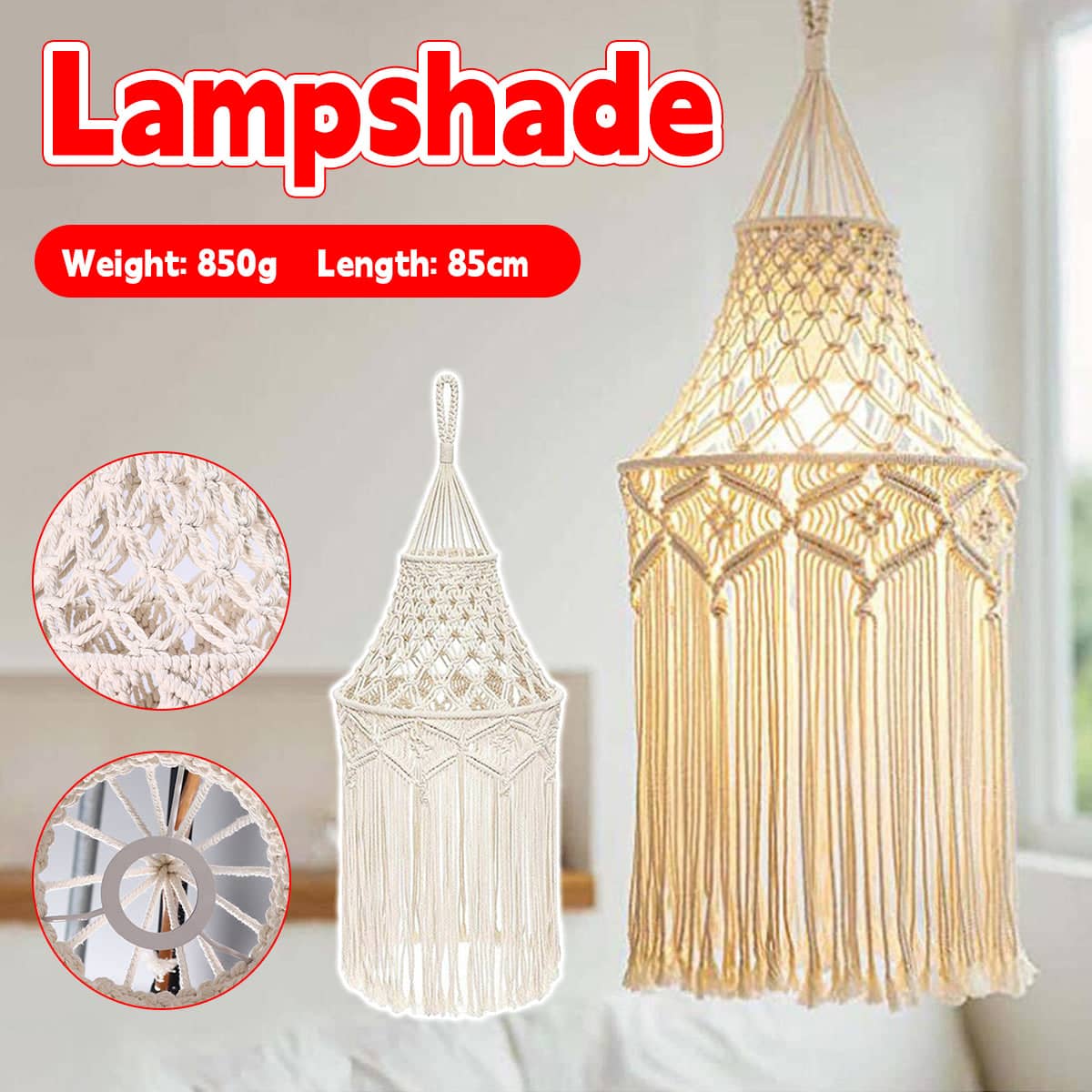 Bohemian Macrame Lampshade with Long Fringe, Pendant Light Cover for Home Decor