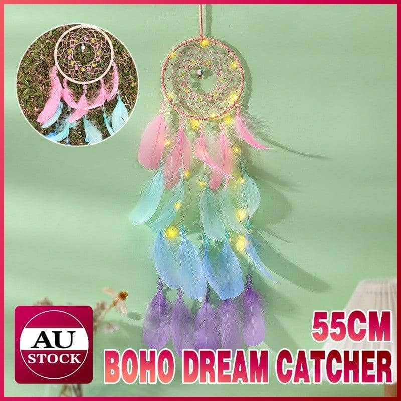 Boho Feather Dream Catcher with LED Lights for Girls Bedroom Wall Decor