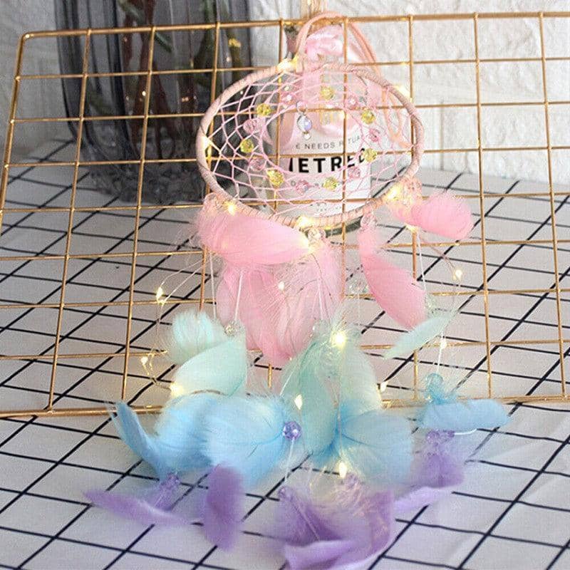Boho Feather Dream Catcher with LED Lights for Girls Bedroom Wall Decor - view 4