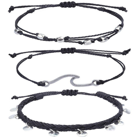 Boho Woven Bracelet and Anklet Set, 3 Pieces - Black