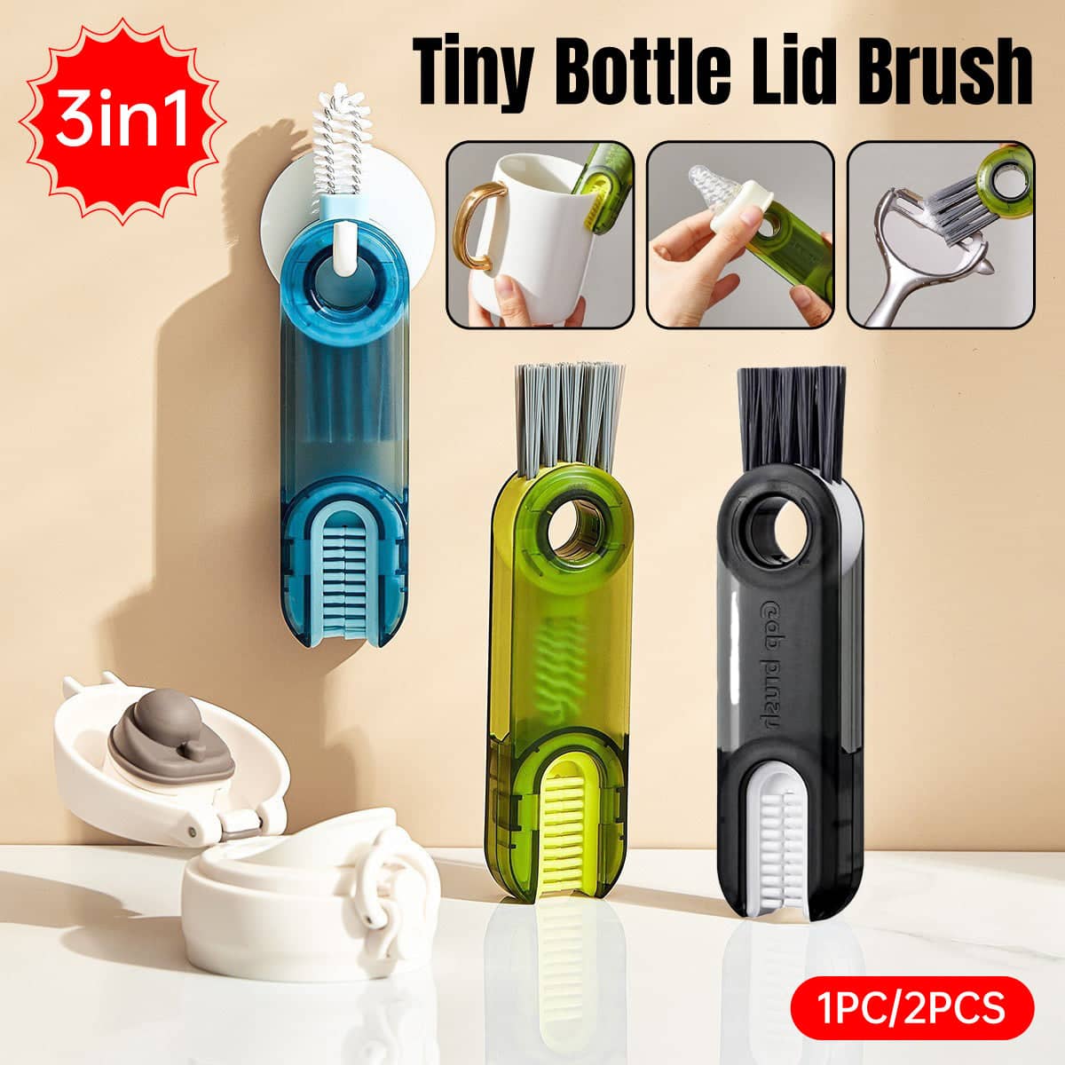 Bottle Cleaning Brush with 3-In-1 Rotating Heads - Green, 2 Pack - view 2