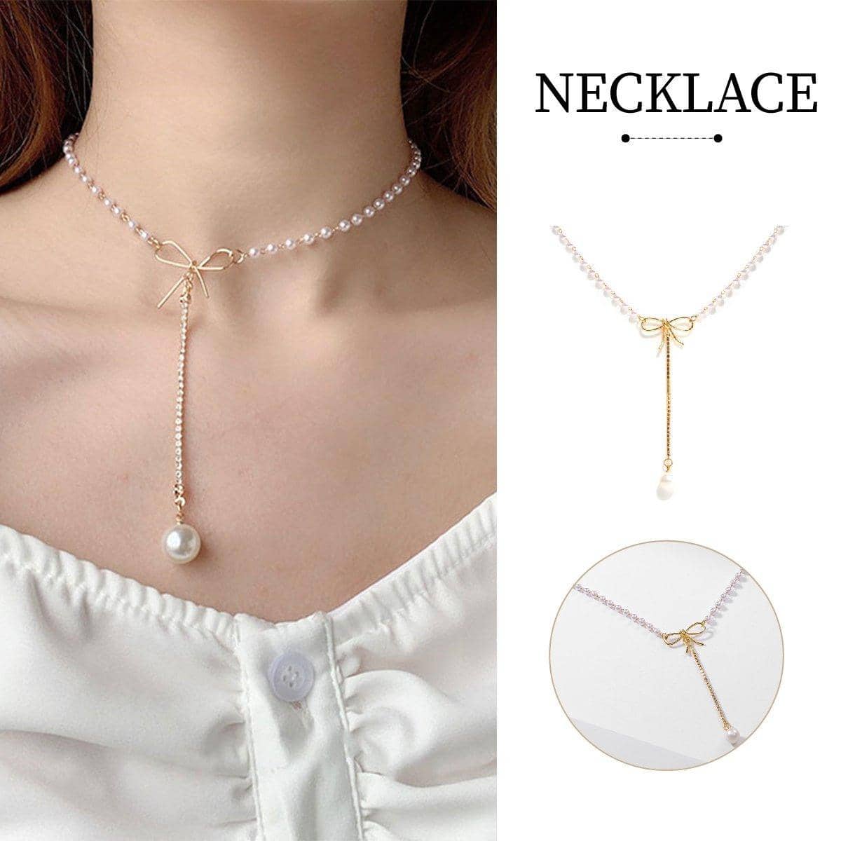 Bow Tie Short Necklace for Women, Imitation Pearl Collarbone Chain