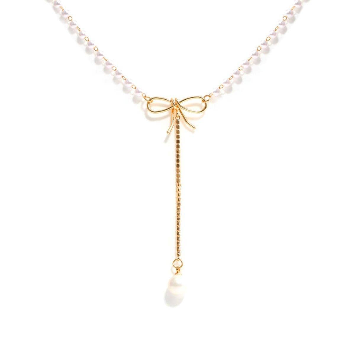 Bow Tie Short Necklace for Women, Imitation Pearl Collarbone Chain - view 2