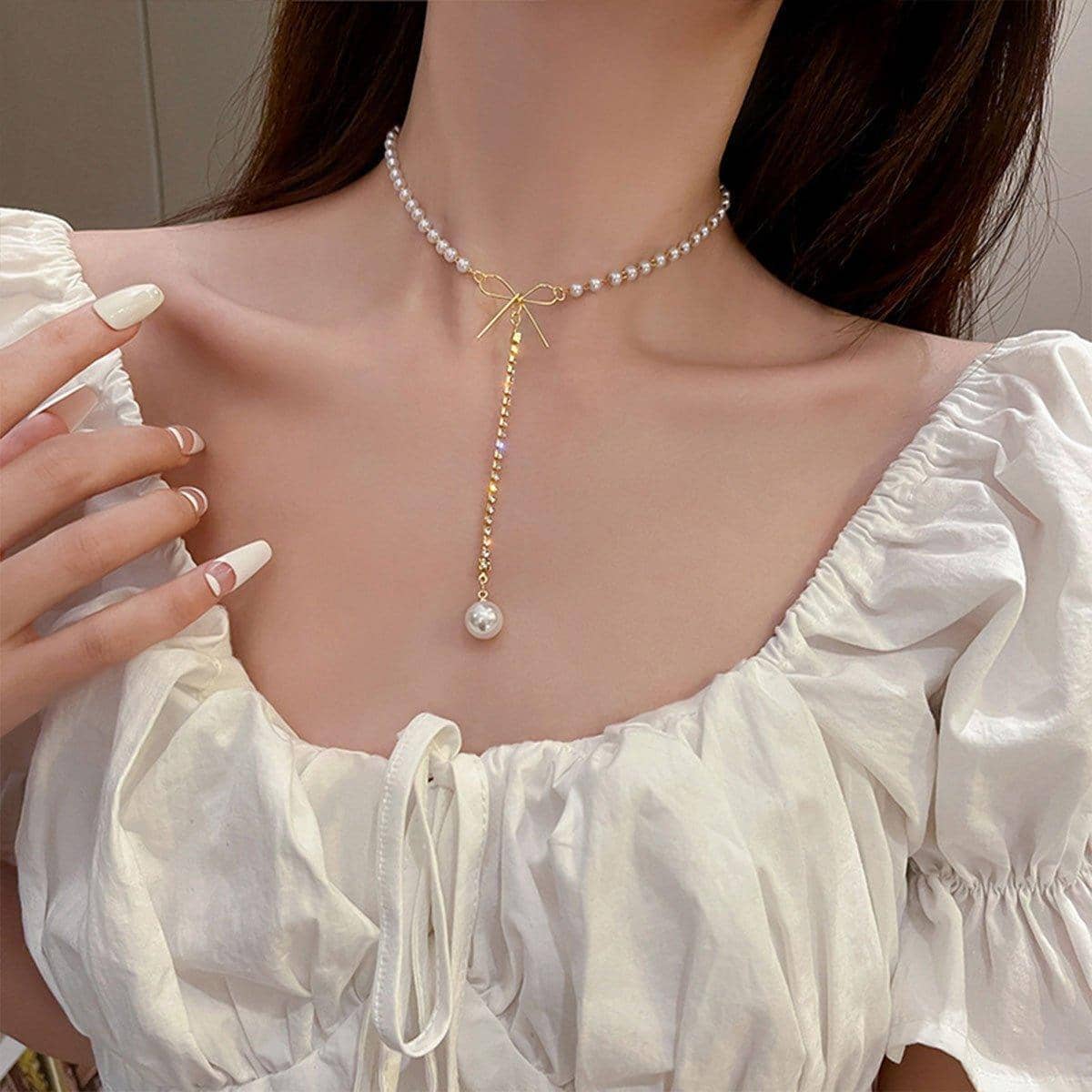 Bow Tie Short Necklace for Women, Imitation Pearl Collarbone Chain - view 5