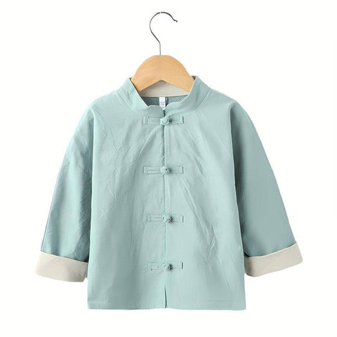 Boys Traditional Chinese Hanfu Top, Cotton Linen - Mint Green, 110 cm