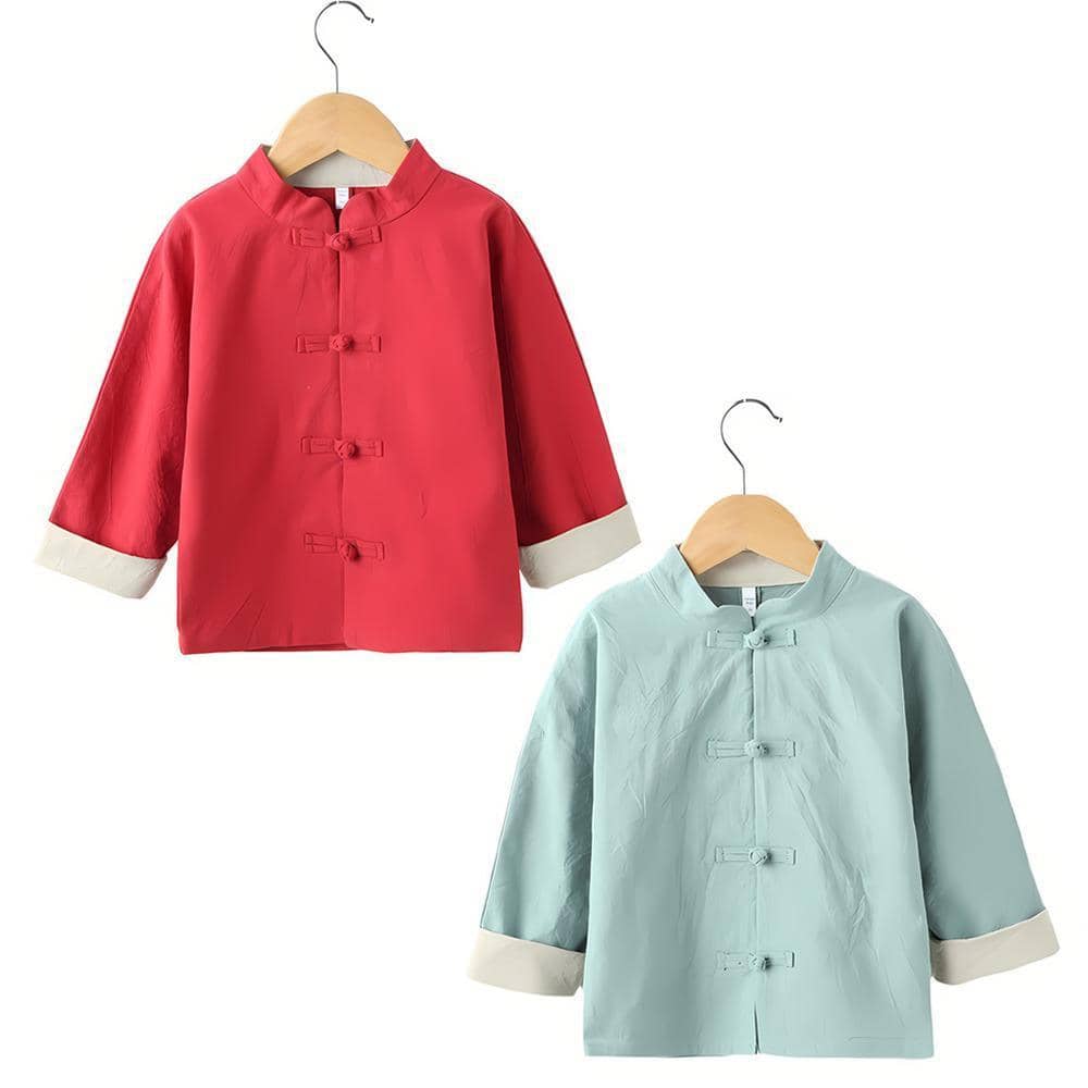 Boys Traditional Chinese Hanfu Top, Cotton Linen - Mint Green, 110 cm - view 3