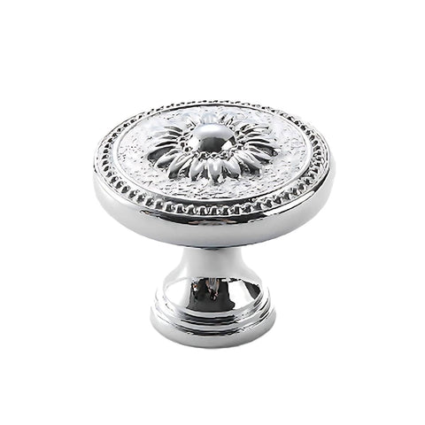Brass Cabinet Knob, Silver Sunflower Design with Beaded Rim - Style A