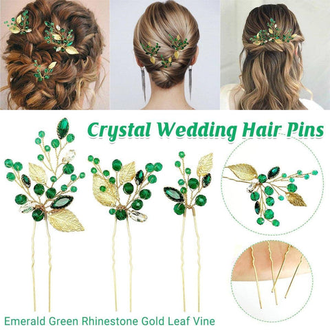 Bridal U Shaped Hair Pins with Emerald Green Leaf Design, Set of 3