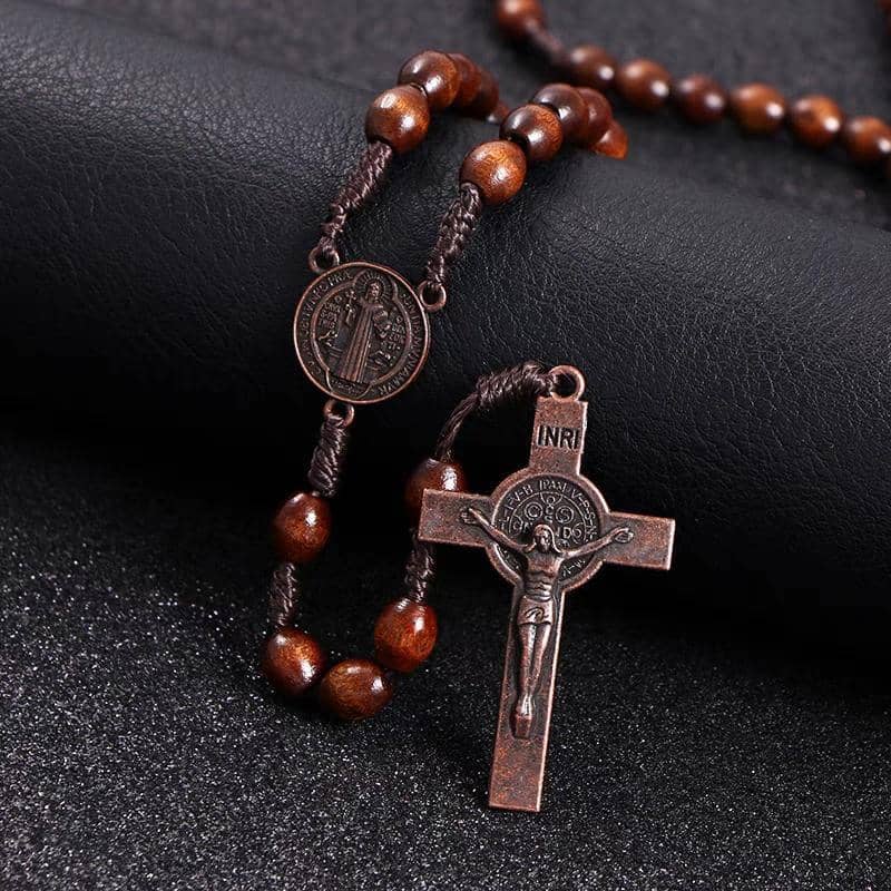 Brown Wooden Rosary Beads Necklace with Cross - Catholic Rosary - view 3
