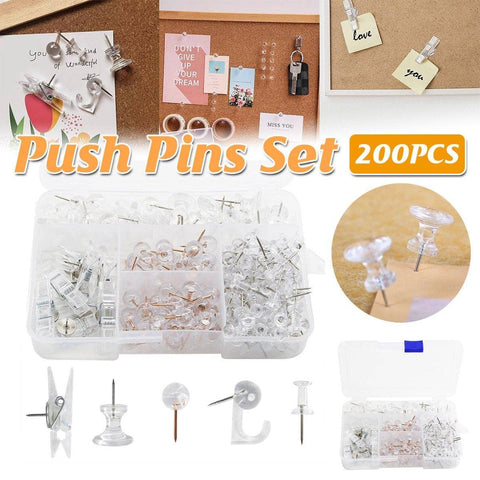 Bulletin Board Push Pin Set, 200 Pieces - Clips, Pegs, Hooks and Pins